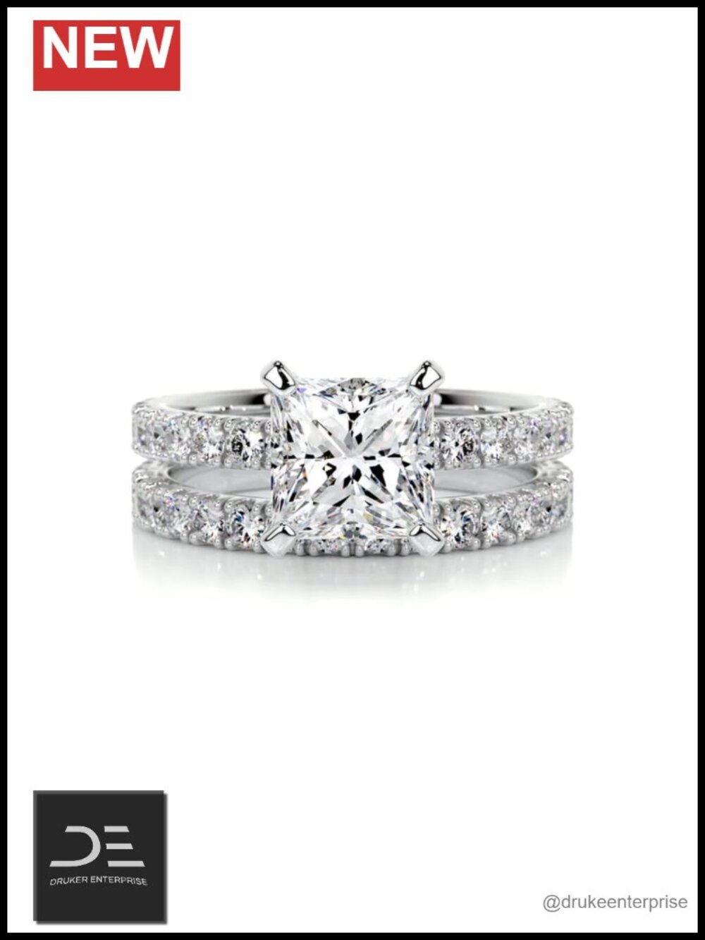 2.5 Carat Princess Moissanite Bridal Set Platinum Plated Silver Engagement Ring